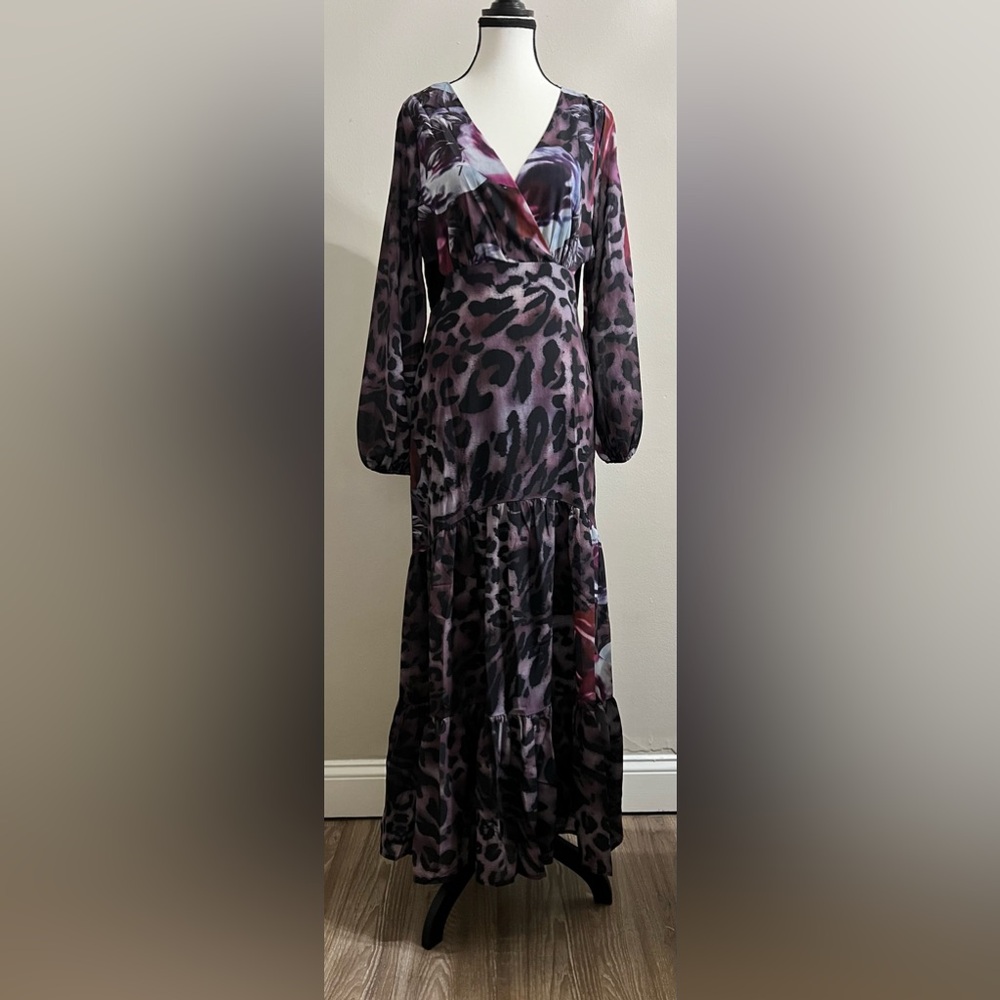 Floral Animal Print Long Sleeve V Neck Cut Out Maxi Dress - Picture 3 of 16